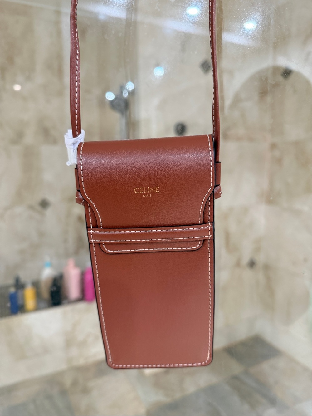 Celine Tan Leather Crossbody Phone Pouch with Contrast Stitching